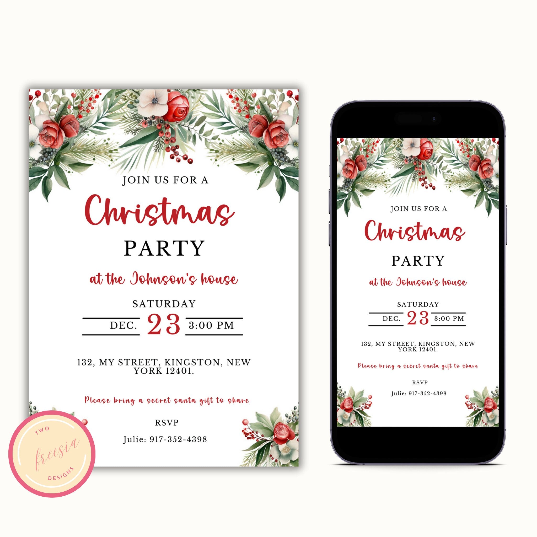Editable Floral Christmas Party Invitation
