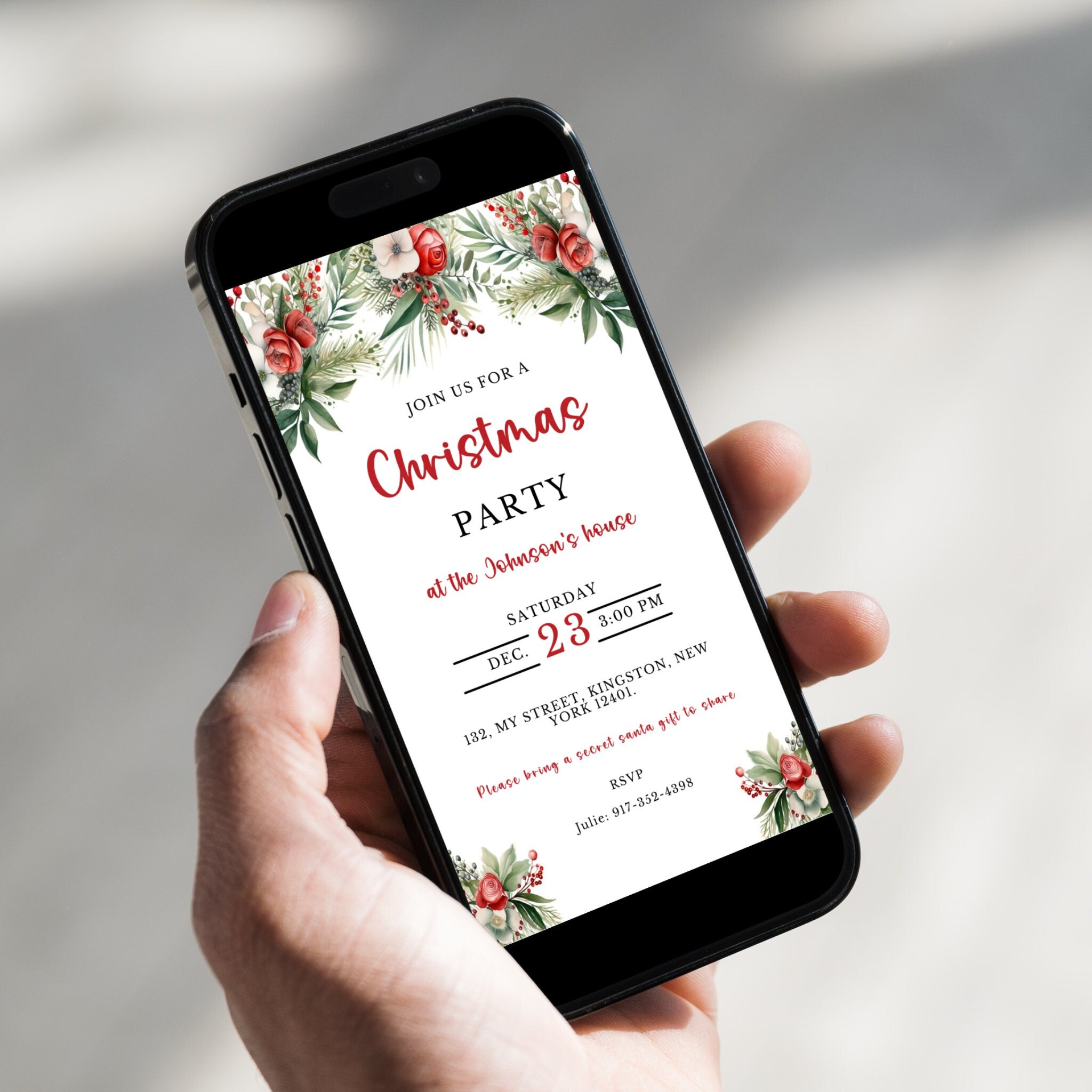 Editable Floral Christmas Party Invitation