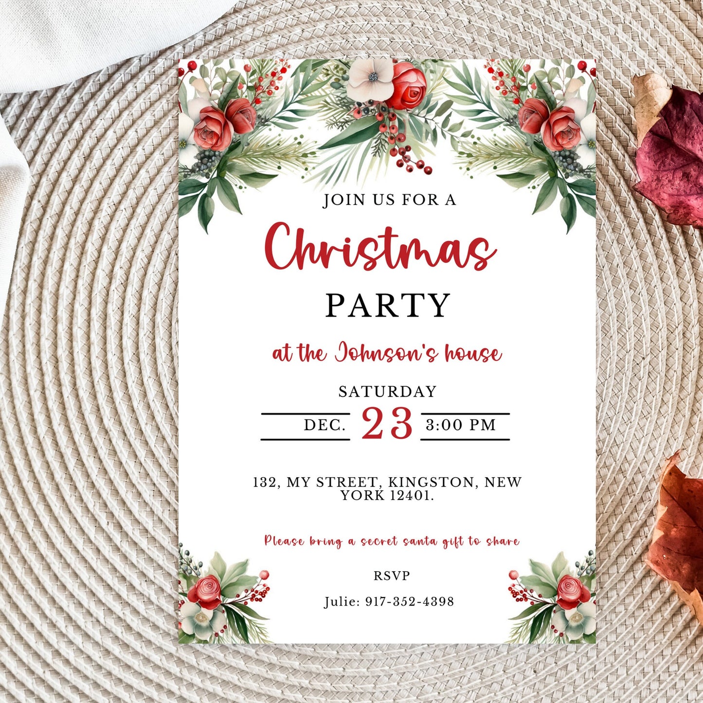 Editable Floral Christmas Party Invitation