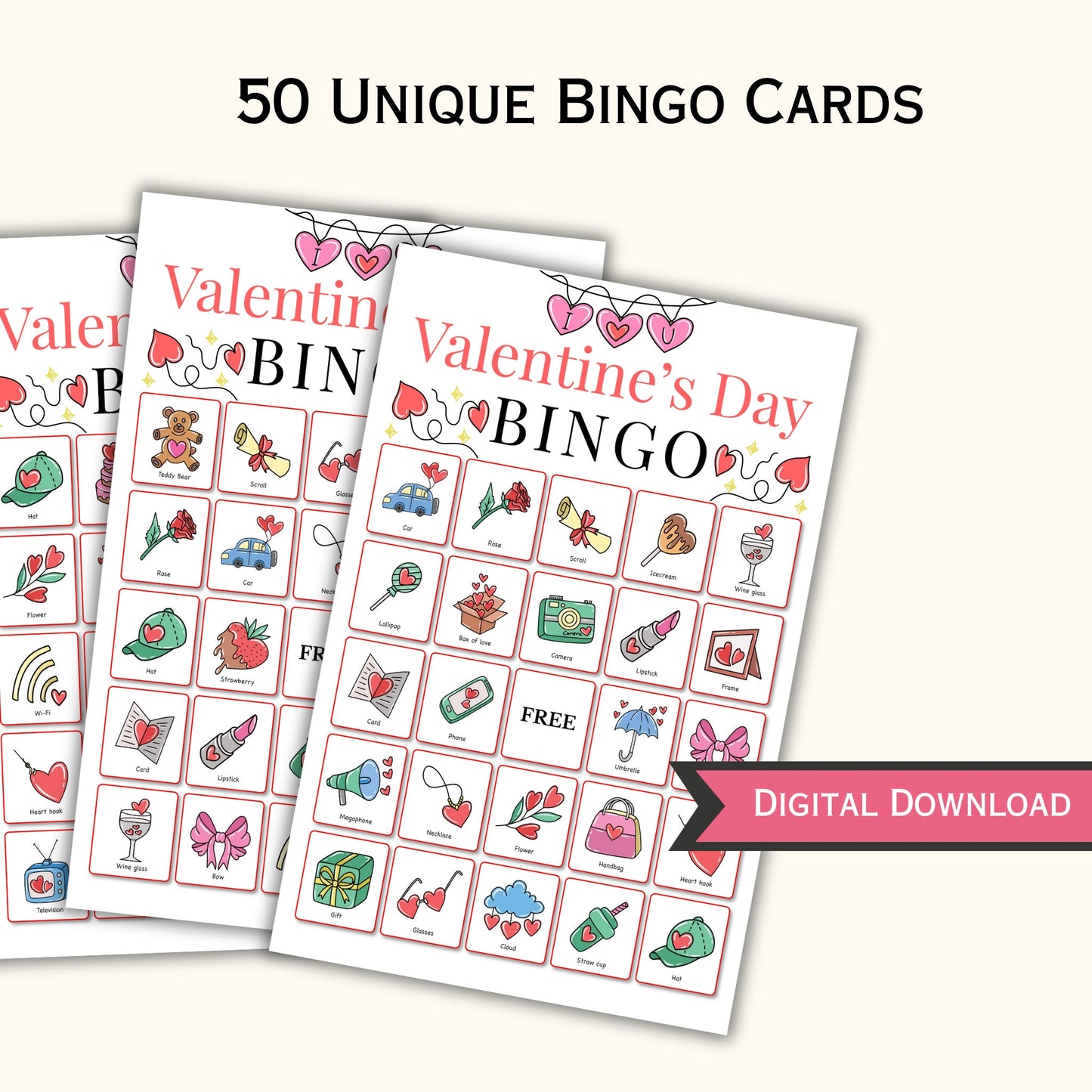 Valentine's Day Bingo Cards - 50 Set