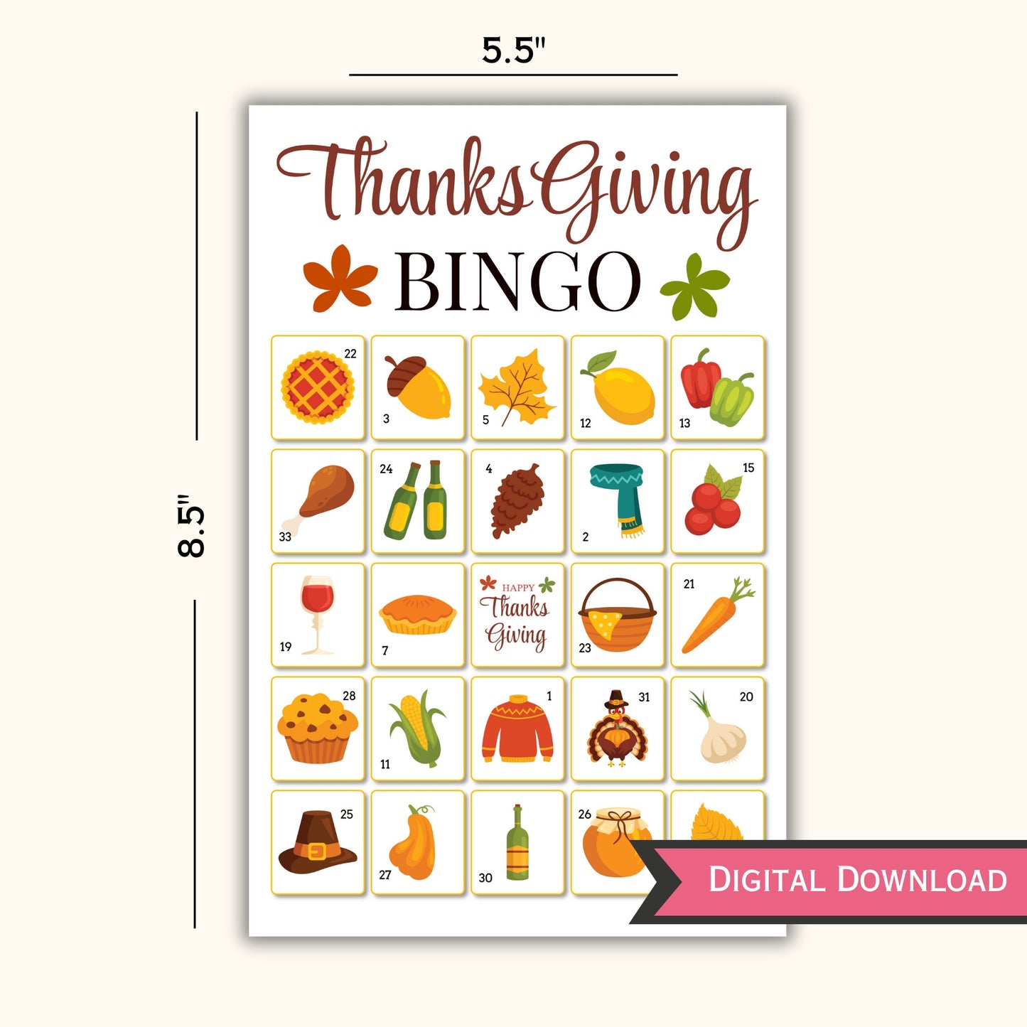 Thanksgiving Bingo - 30 Cards