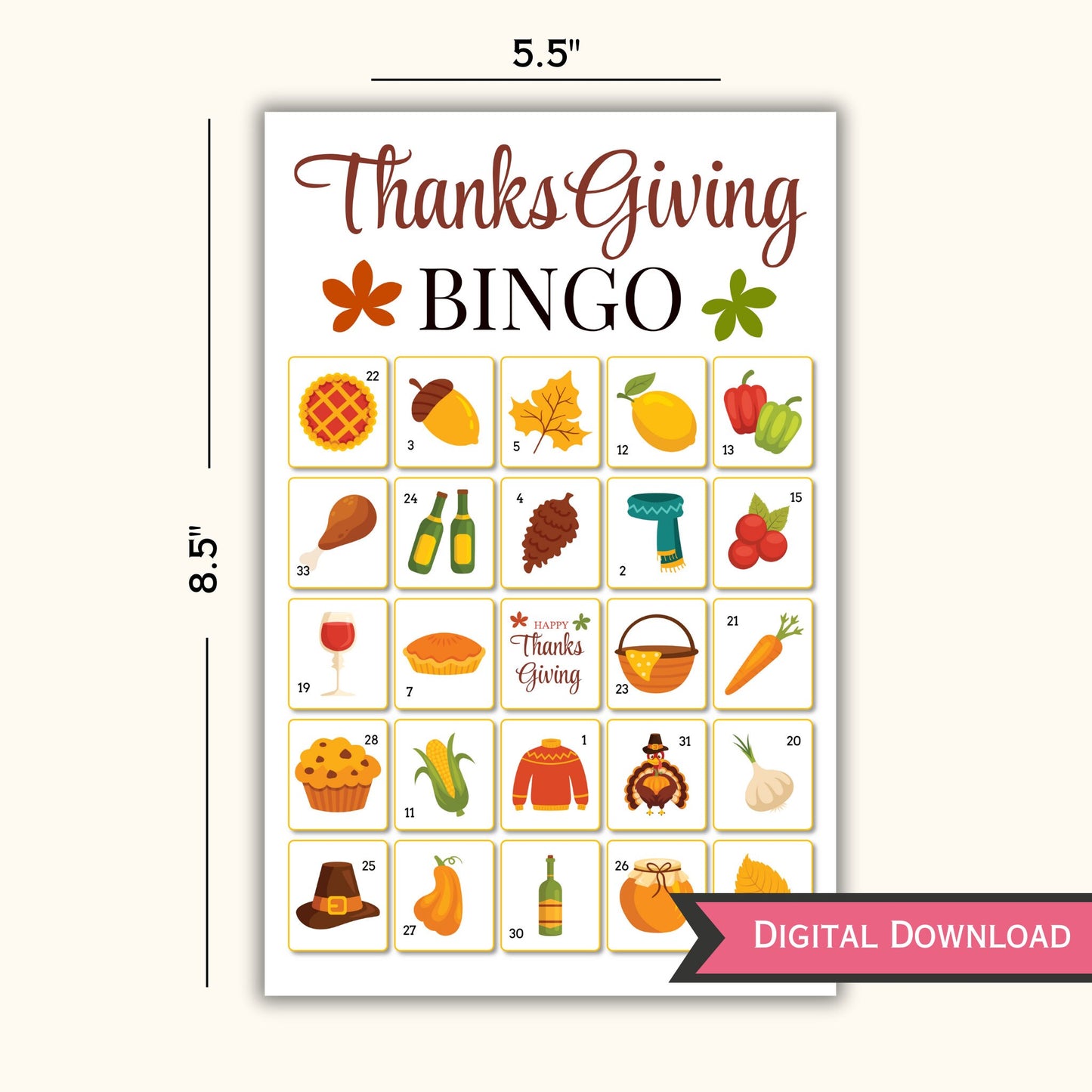 Thanksgiving Bingo Game - 50 Cards