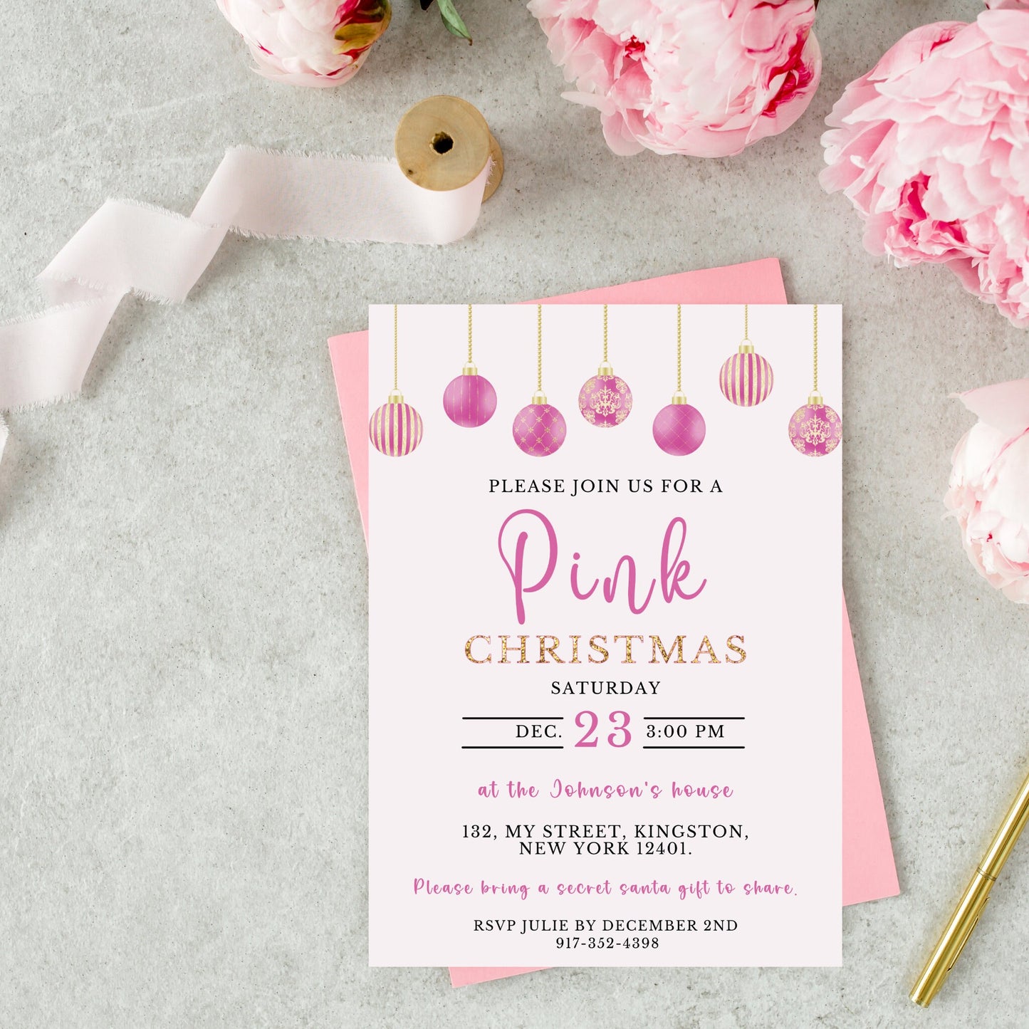 Editable Pink Christmas Party Invitation