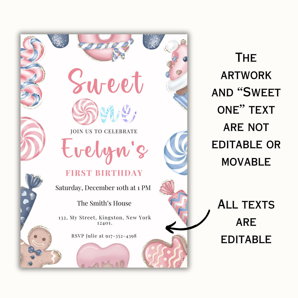 Sweet One Editable Christmas Birthday Invitation