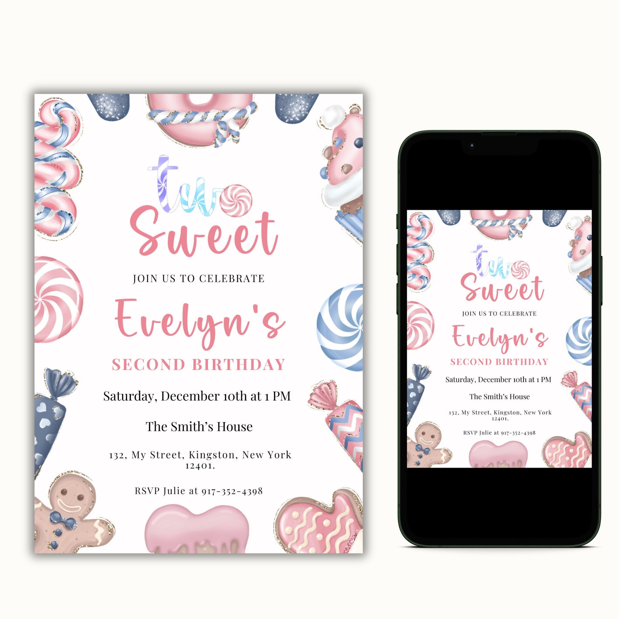 Two Sweet Christmas Birthday Invitation - Editable 2nd Birthday Template
