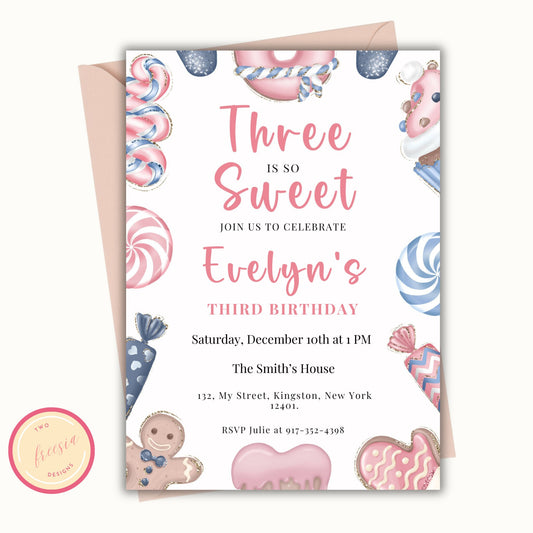 Three is so Sweet Editable Christmas Birthday Invitation