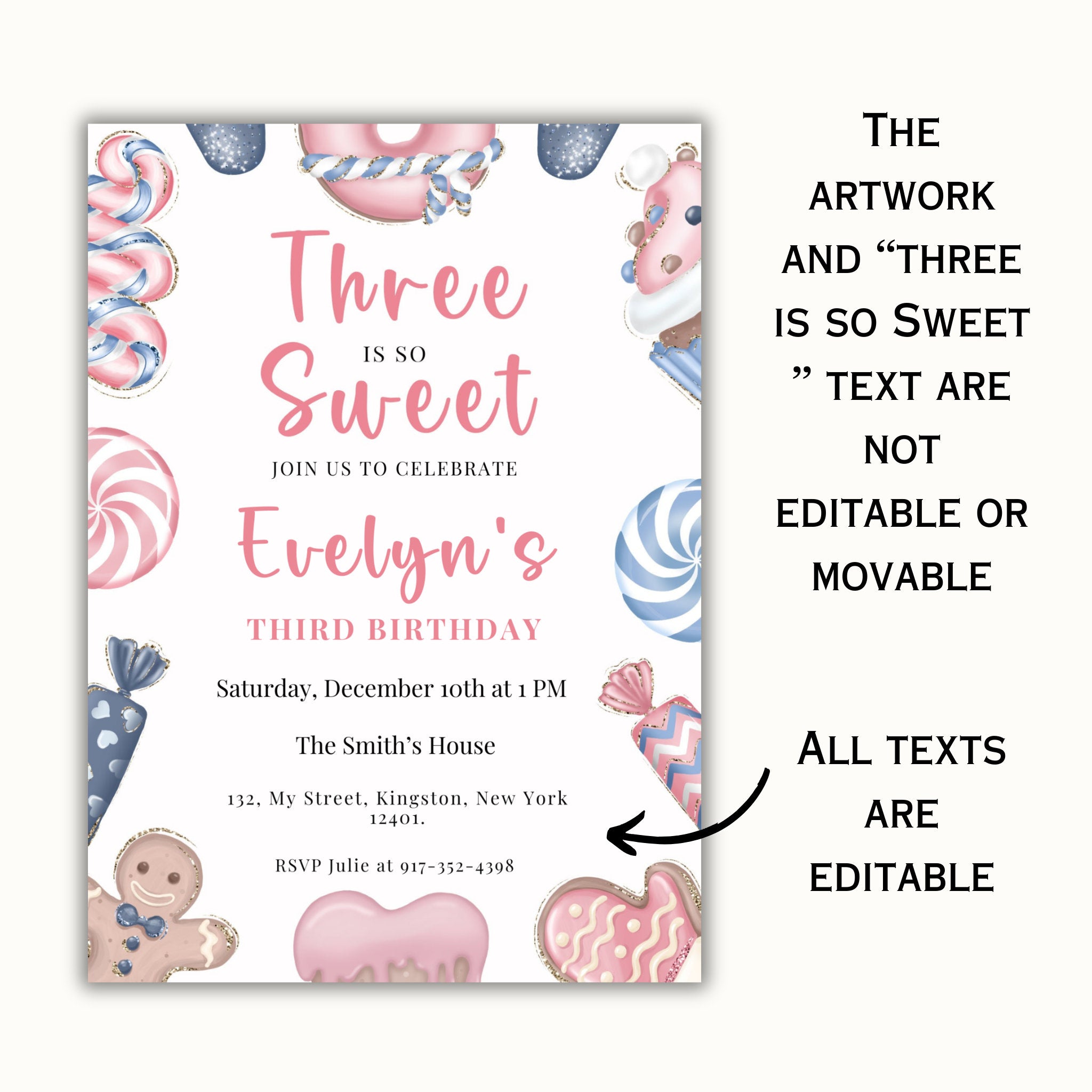 Three is so Sweet Editable Christmas Birthday Invitation