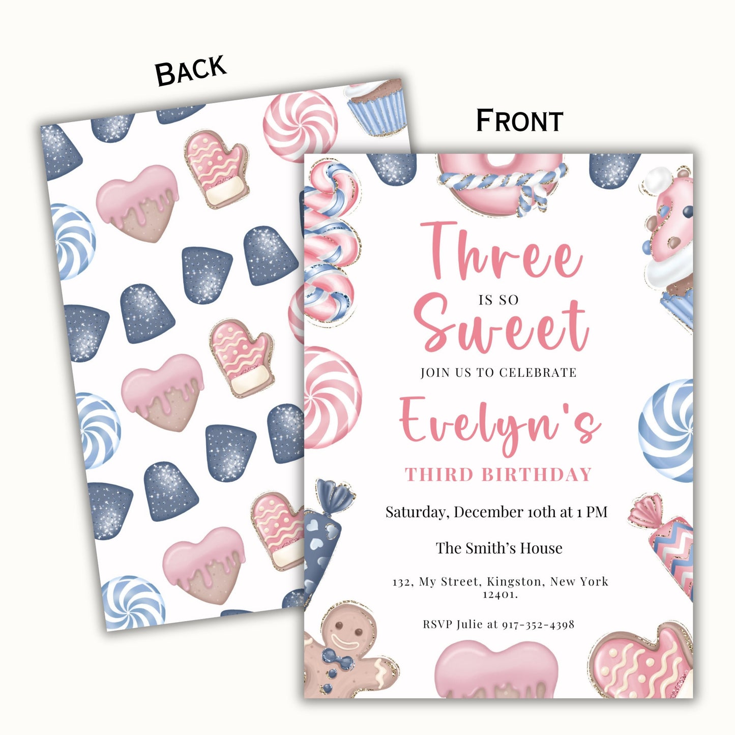 Three is so Sweet Editable Christmas Birthday Invitation