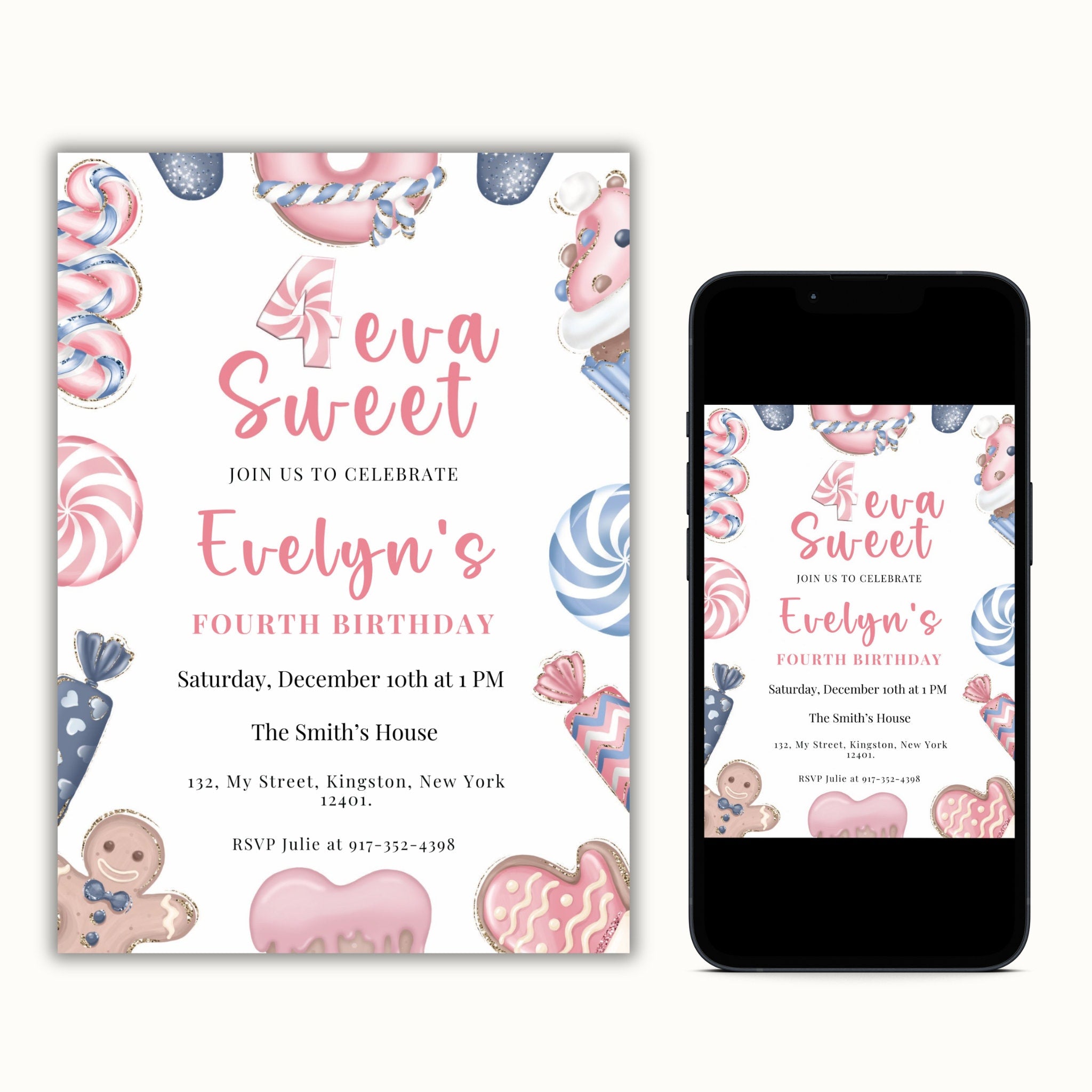 Four Ever Sweet Editable Christmas Birthday Invitation