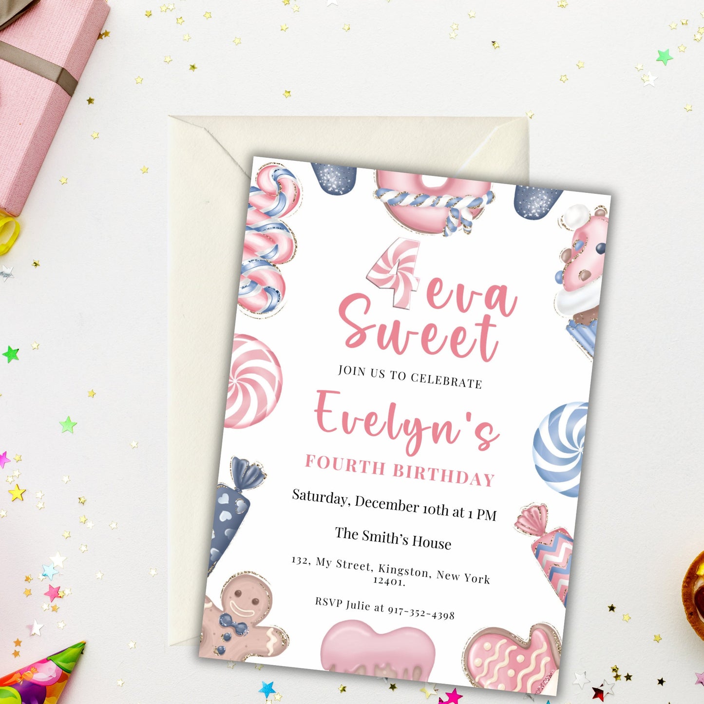 Four Ever Sweet Editable Christmas Birthday Invitation