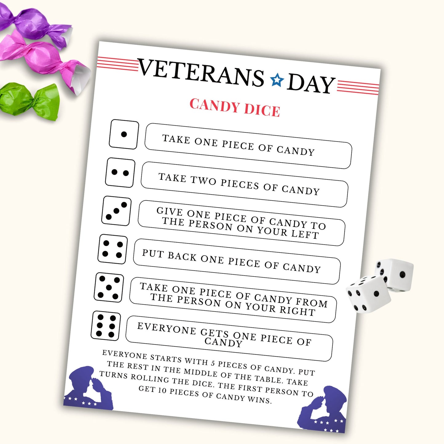 Veterans Day Candy Dice Game