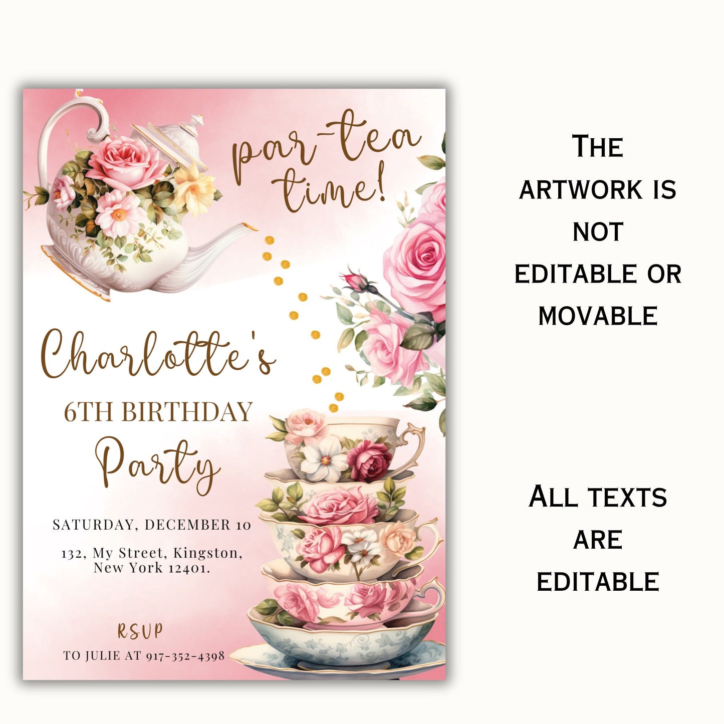 Tea Party Birthday Invitation - Editable Template