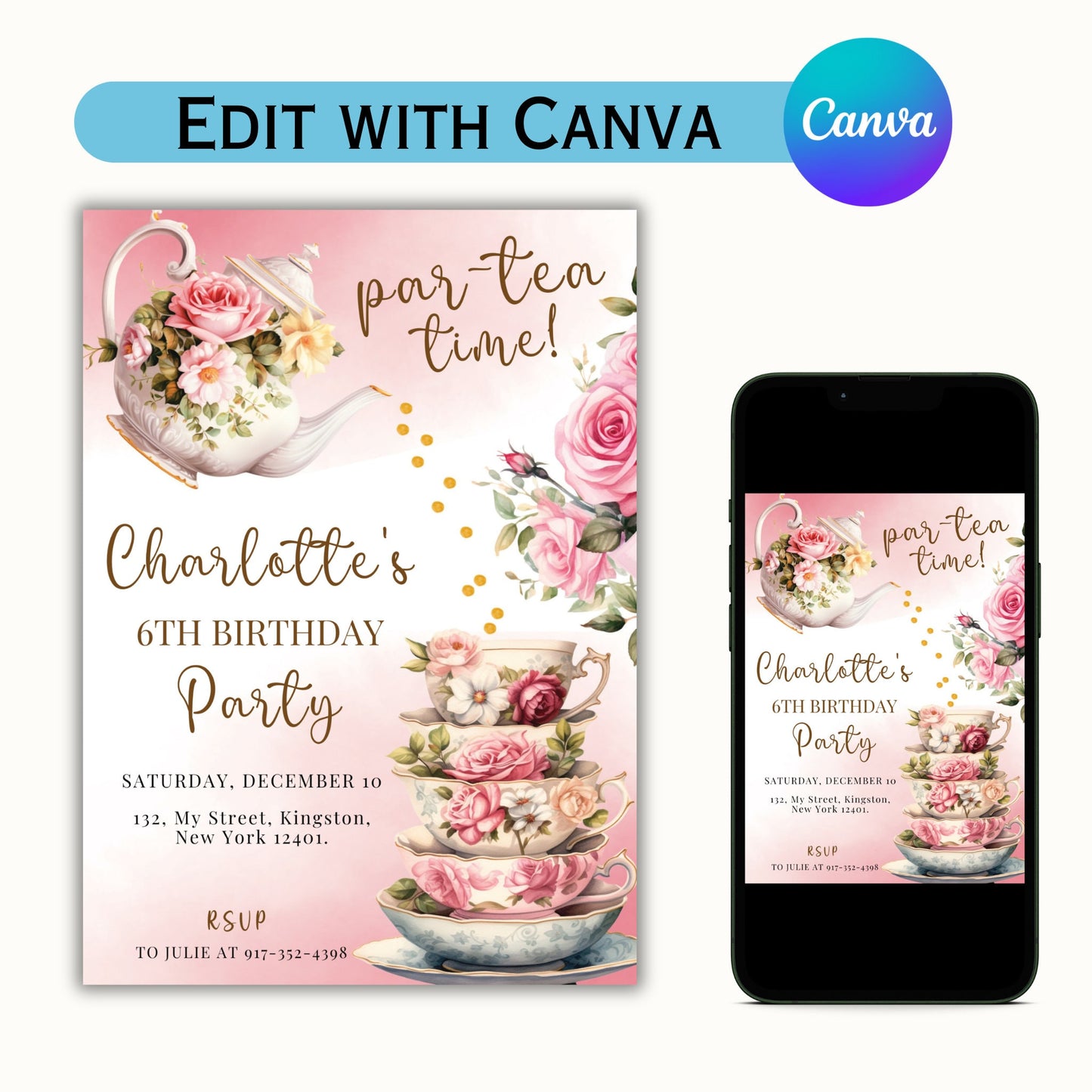 Tea Party Birthday Invitation - Editable Template