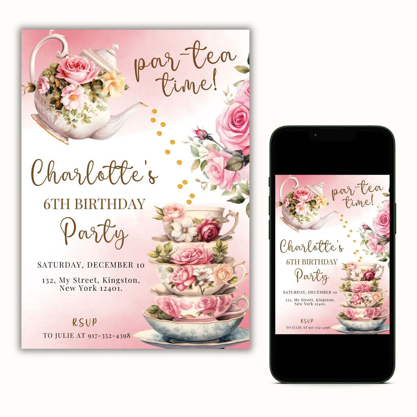Tea Party Birthday Invitation - Editable Template