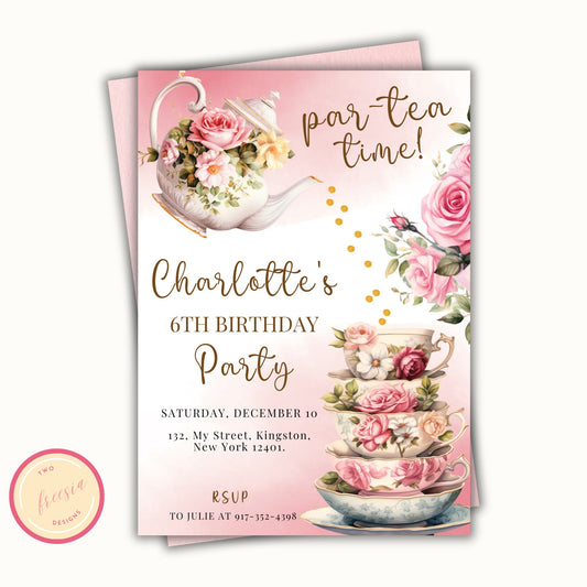 Tea Party Birthday Invitation - Editable Template