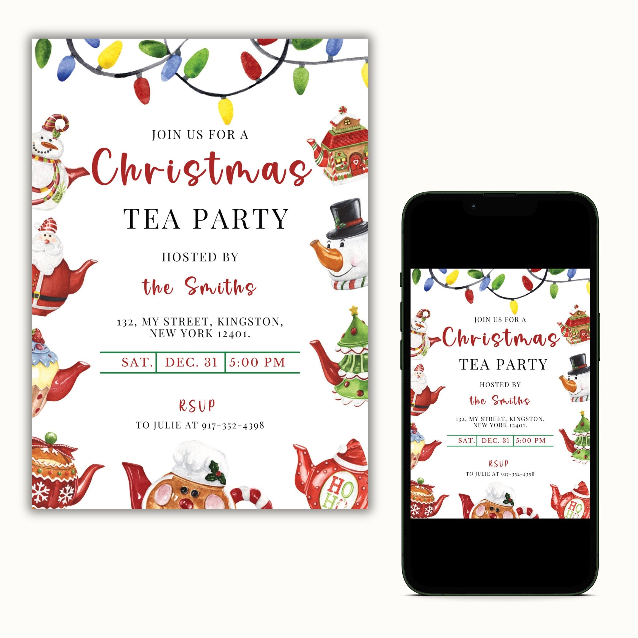 Christmas Tea Party Invitation - Editable Template