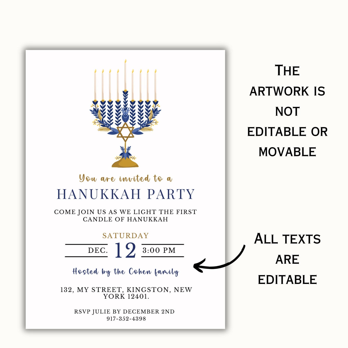 Hanukkah Party Invitation - Editable Template