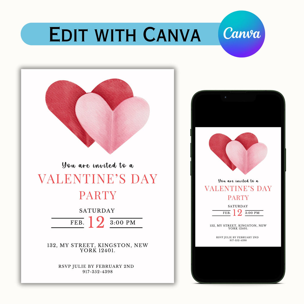 Editable Valentines Invitation Template - Pink and Red Hearts