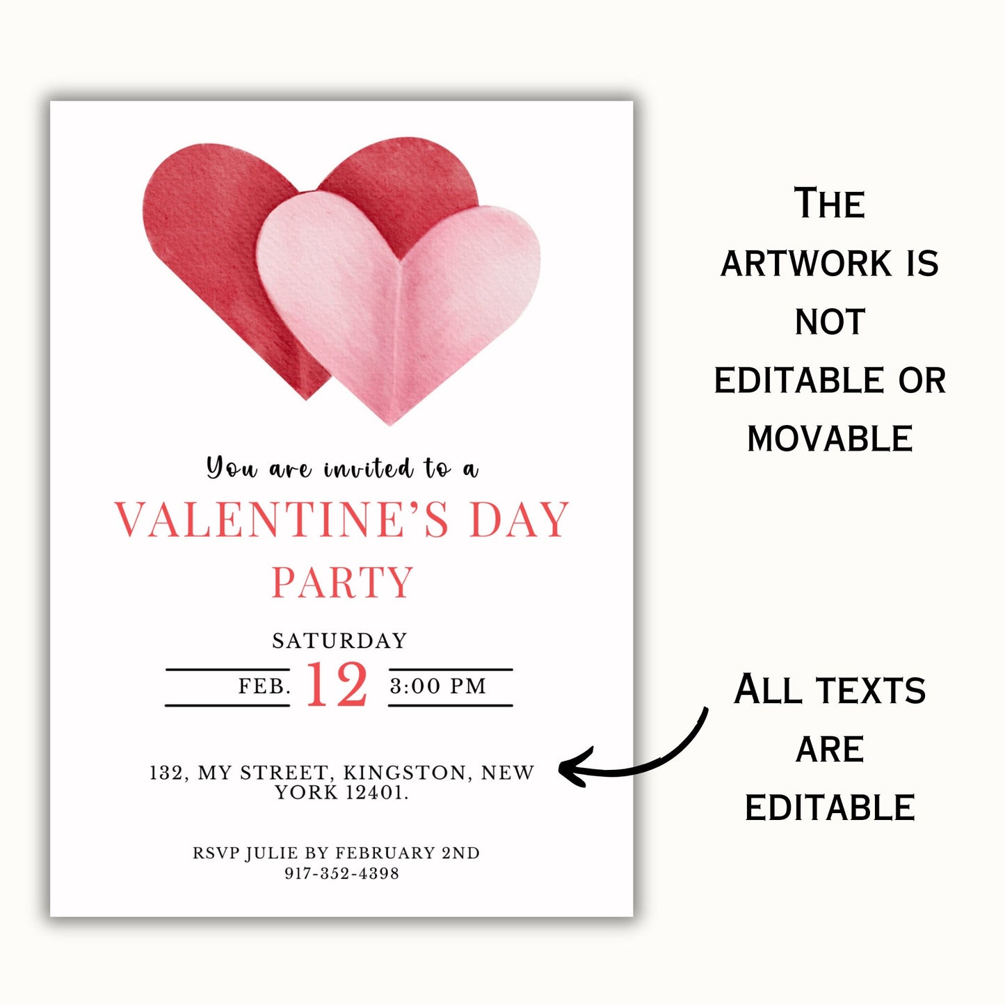 Editable Valentines Invitation Template - Pink and Red Hearts
