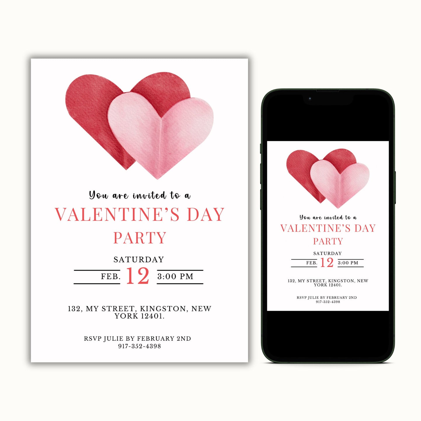 Editable Valentines Invitation Template - Pink and Red Hearts