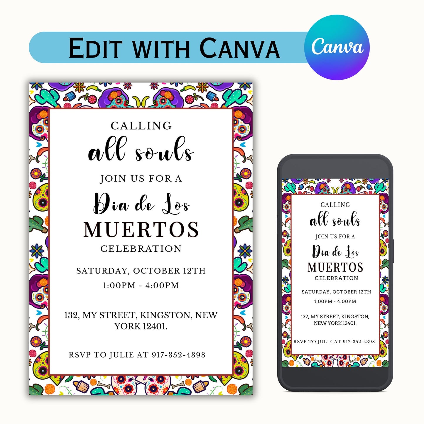 Dia de los Muertos Party Invitation - Editable Template