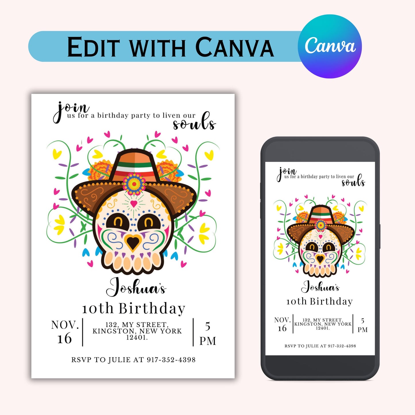 Day of the Dead Birthday Party Invitation - Editable Template