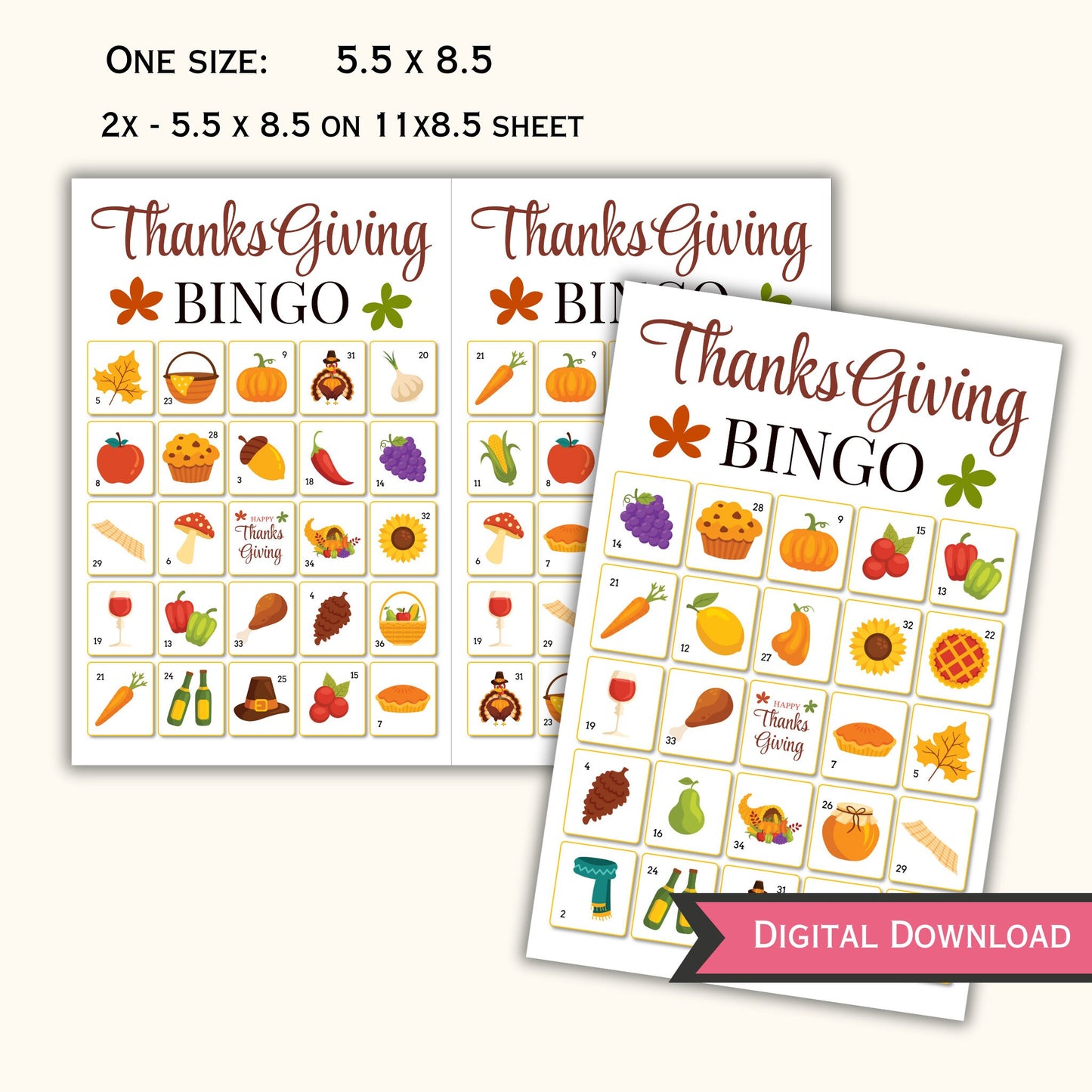 Thanksgiving Bingo Game - 50 Cards