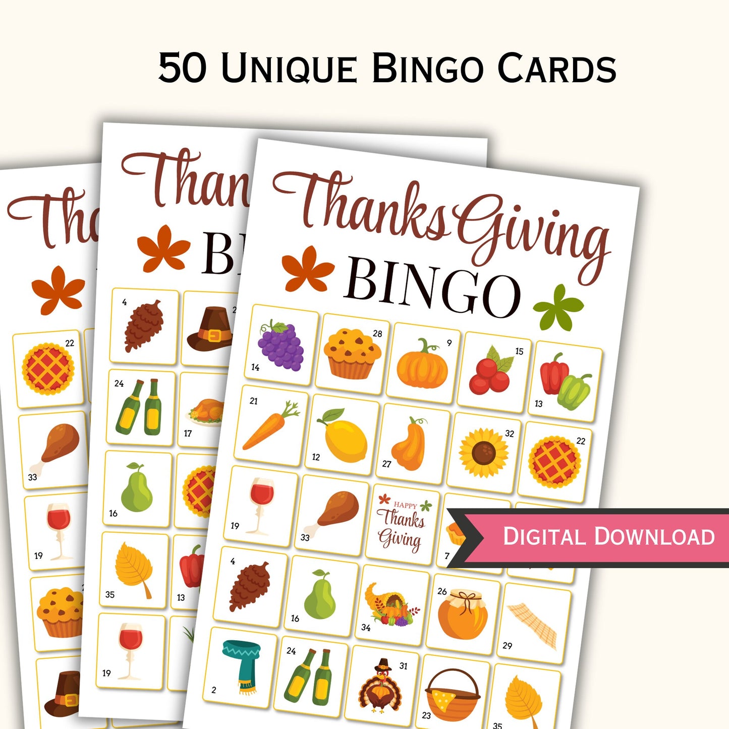Thanksgiving Bingo Game - 50 Cards