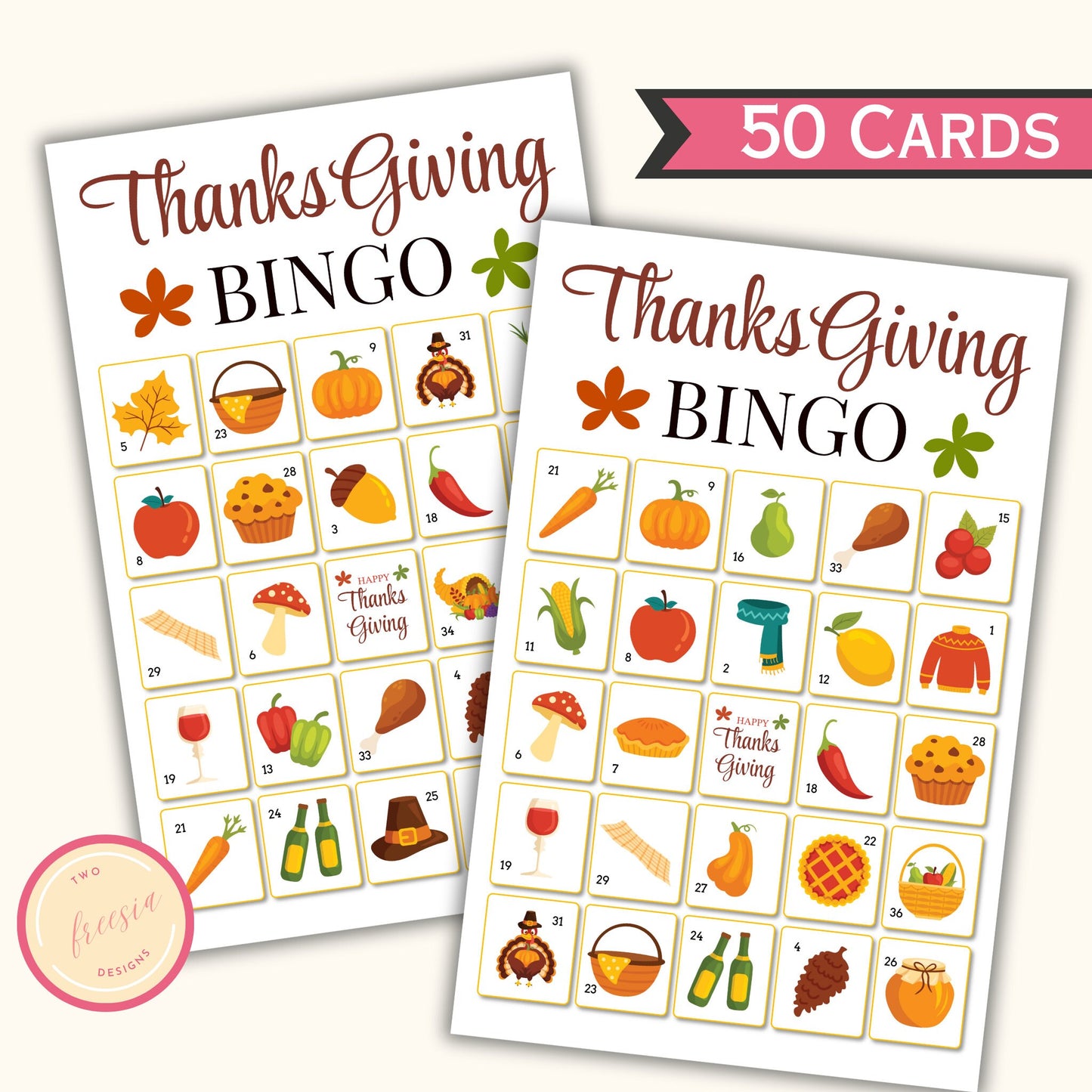 Thanksgiving Bingo Game - 50 Cards