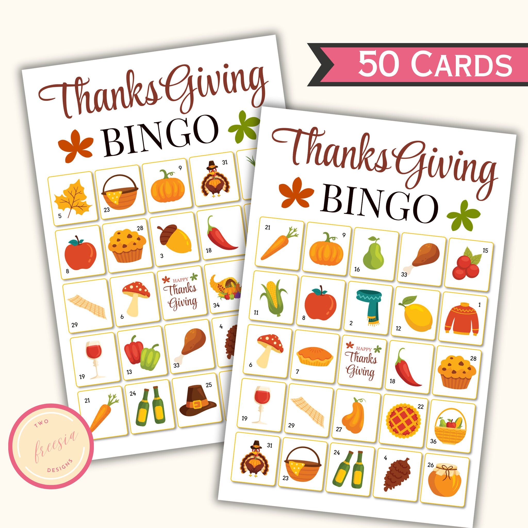 Thanksgiving Bingo Game - 50 Cards