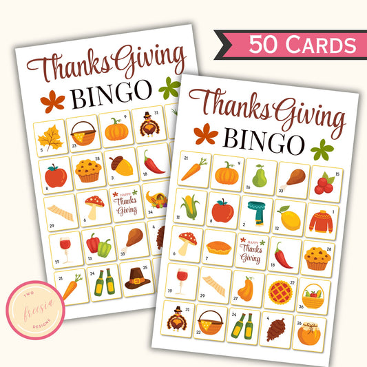 Thanksgiving Bingo Game - 50 Cards