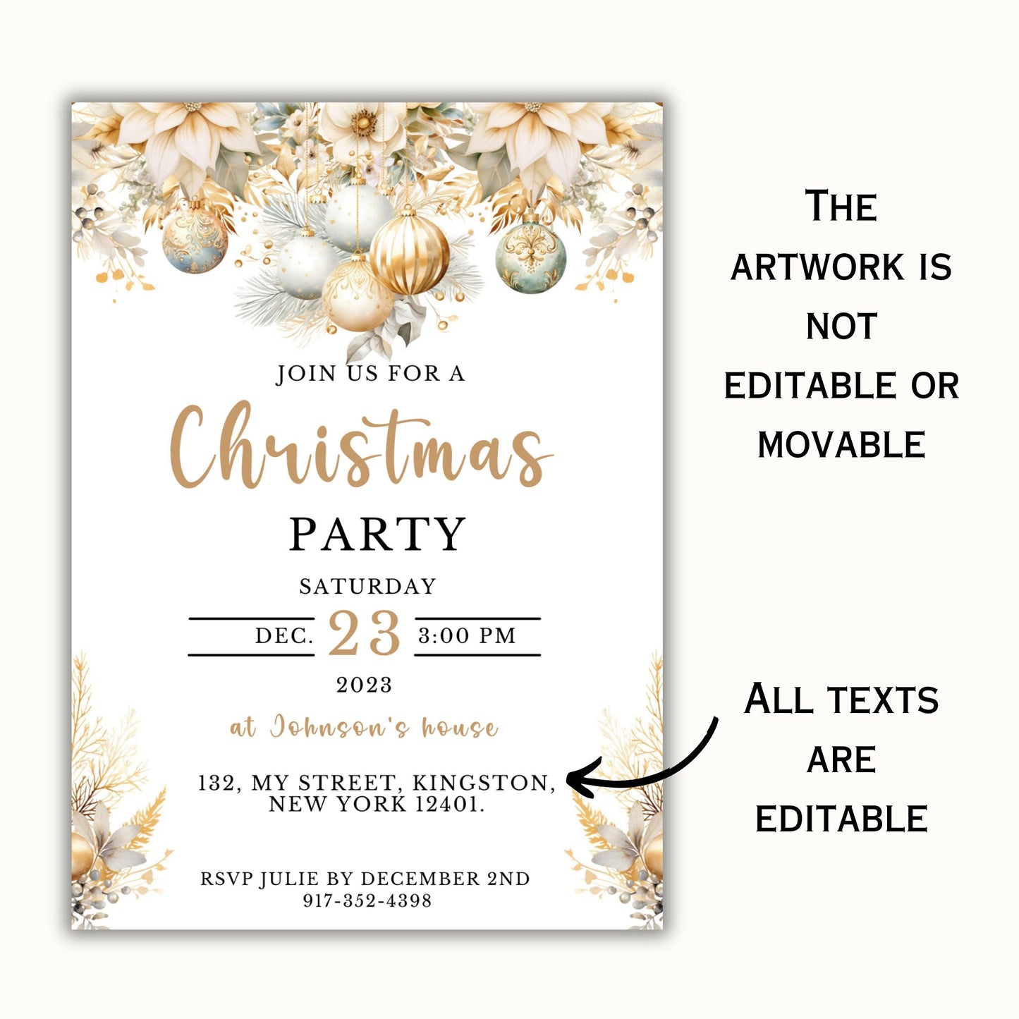 Christmas Party Invitation - Editable Gold Floral Template