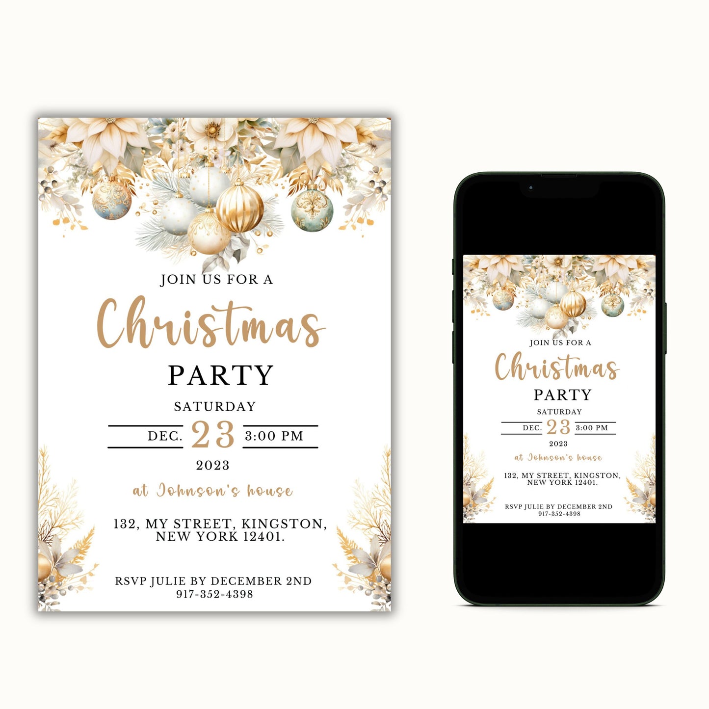 Christmas Party Invitation - Editable Gold Floral Template