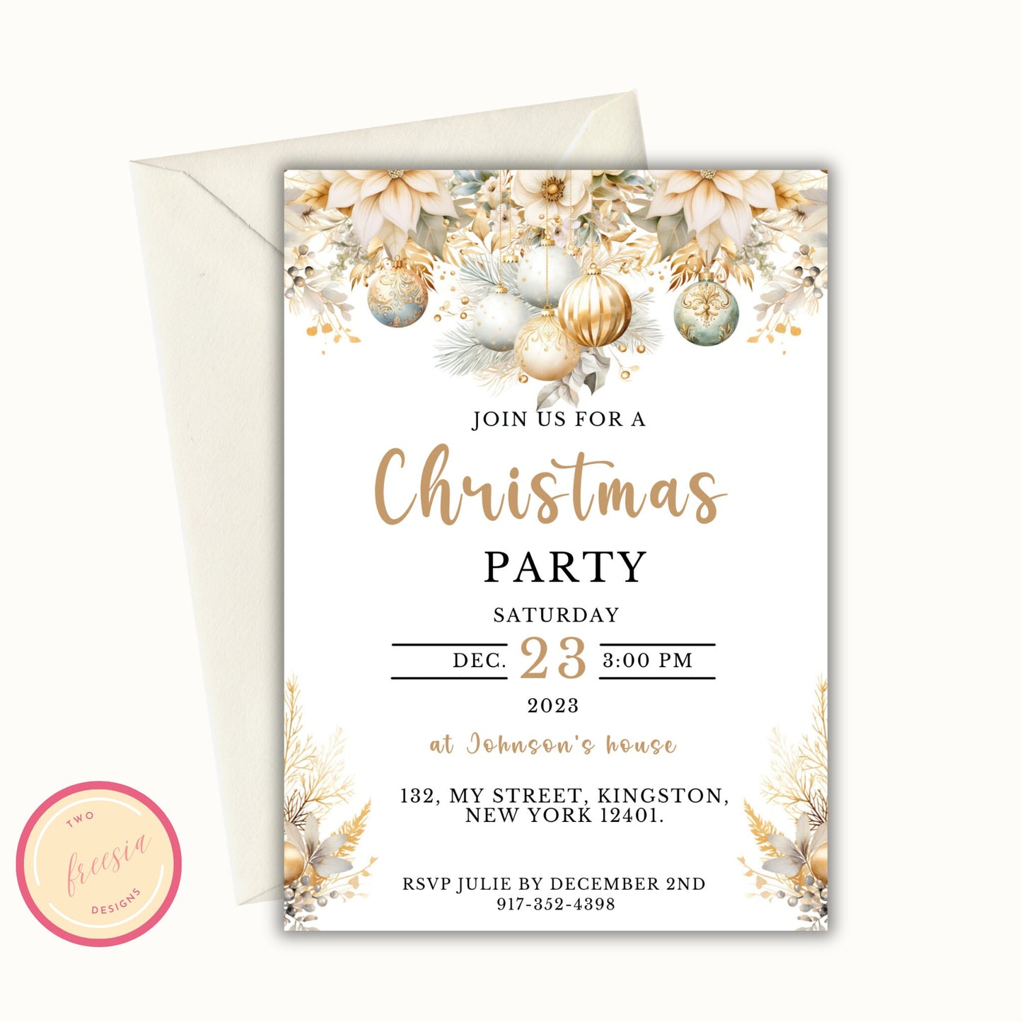 Christmas Party Invitation - Editable Gold Floral Template