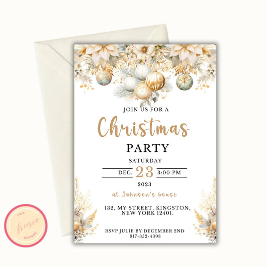 Christmas Party Invitation - Editable Gold Floral Template