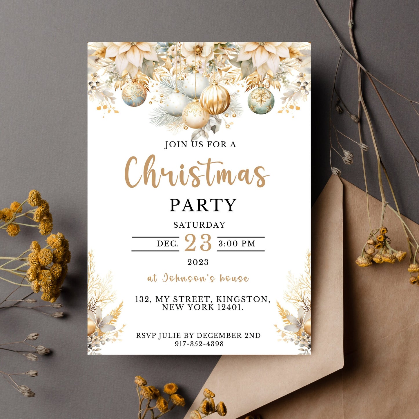 Christmas Party Invitation - Editable Gold Floral Template