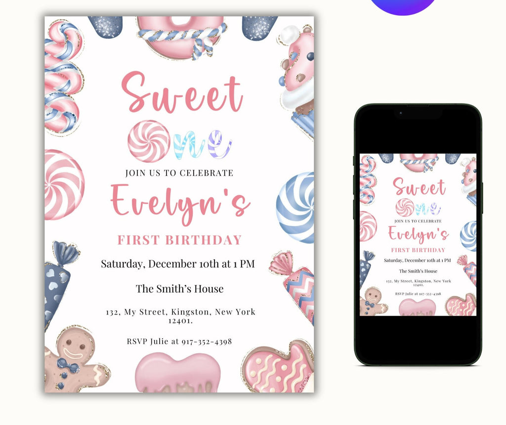 Sweet One Editable Christmas Birthday Invitation
