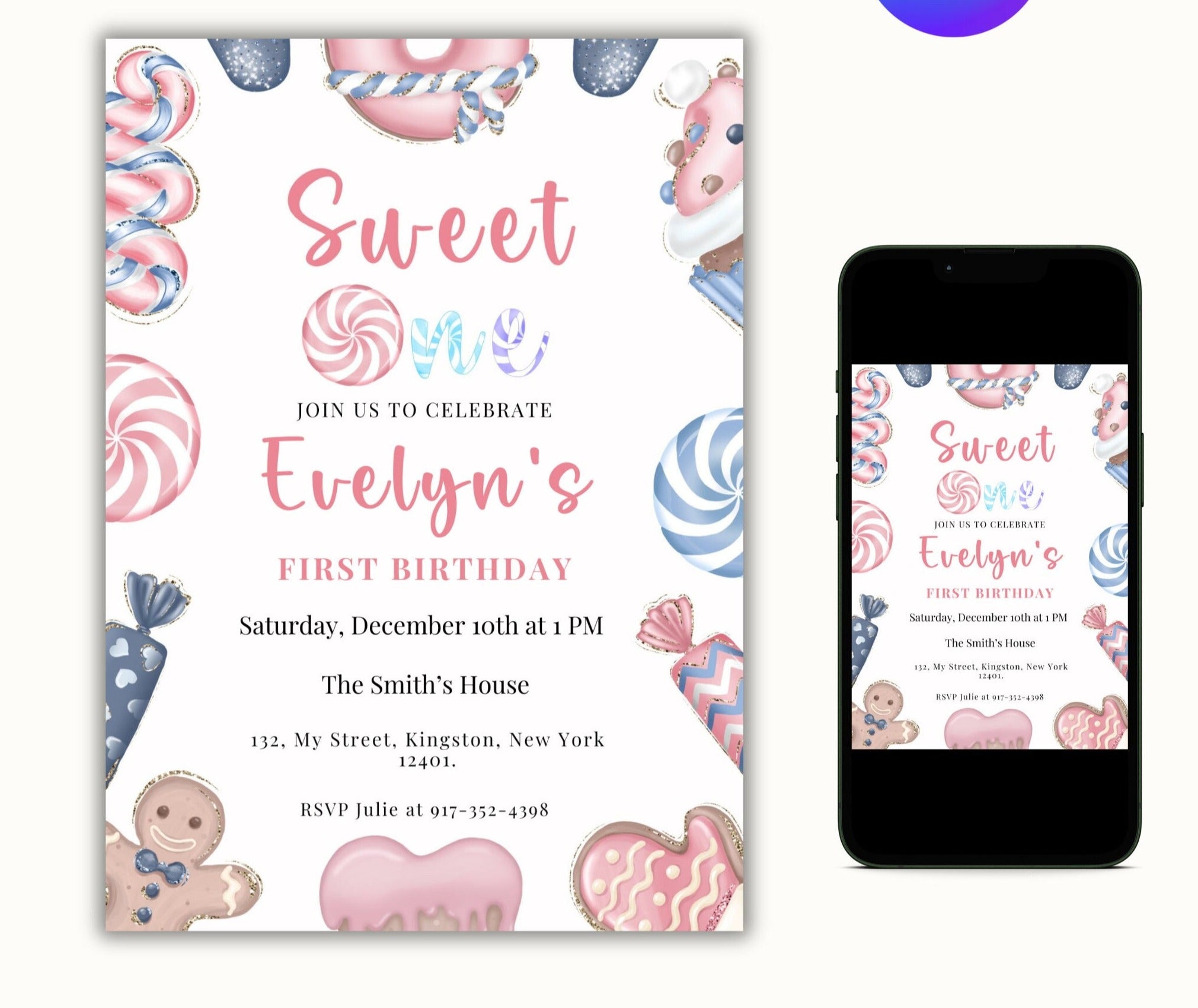 Sweet One Editable Christmas Birthday Invitation
