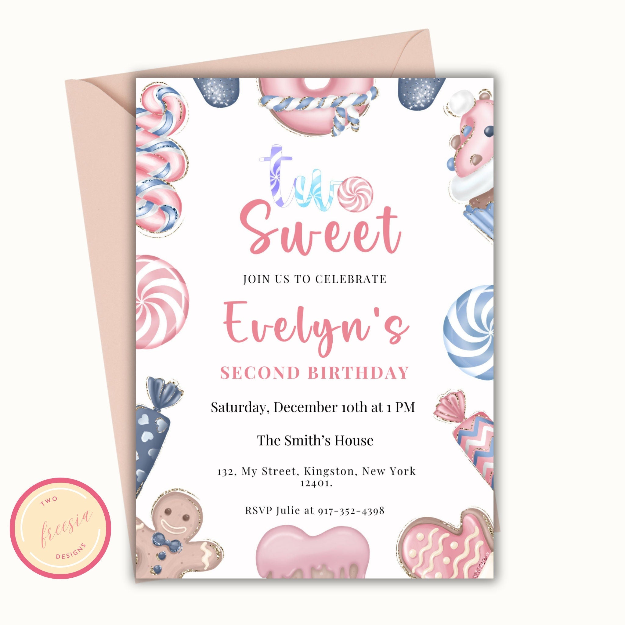 Two Sweet Christmas Birthday Invitation - Editable 2nd Birthday Template