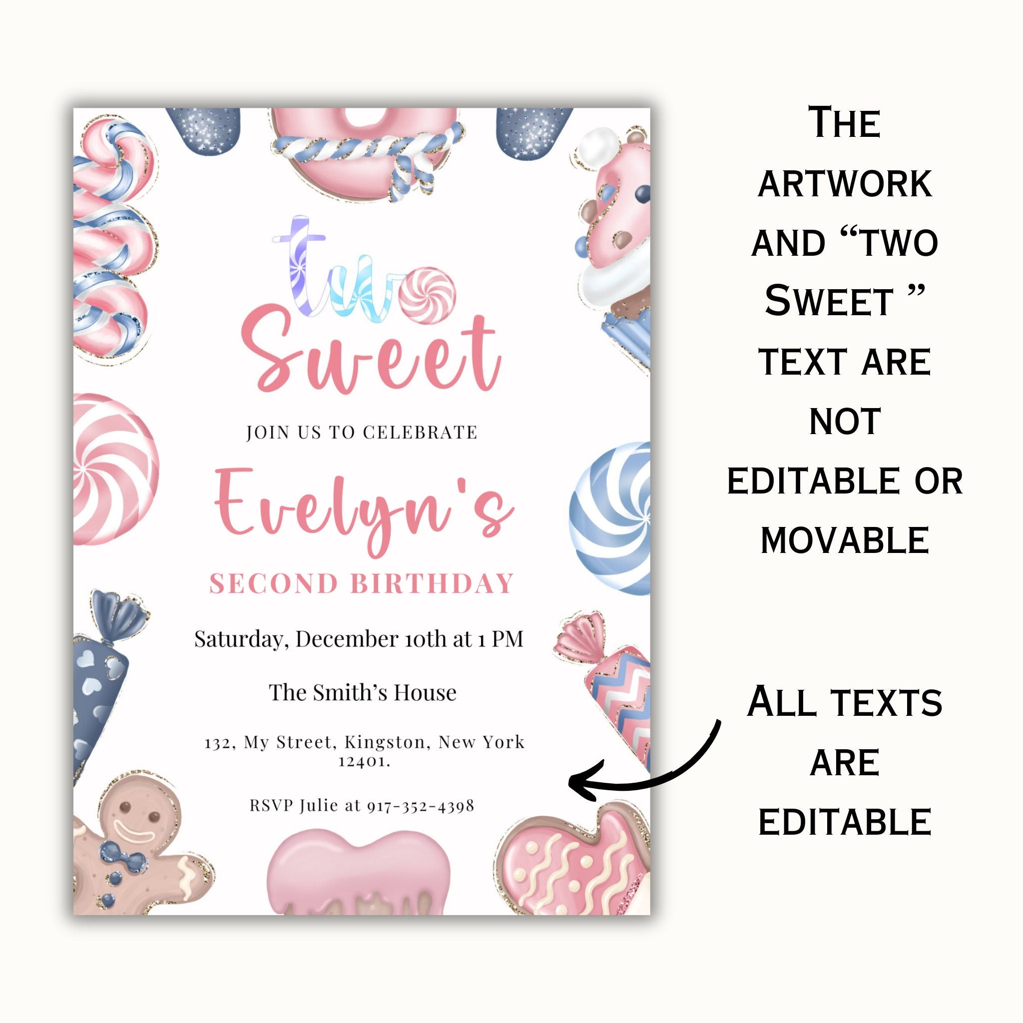 Two Sweet Christmas Birthday Invitation - Editable 2nd Birthday Template
