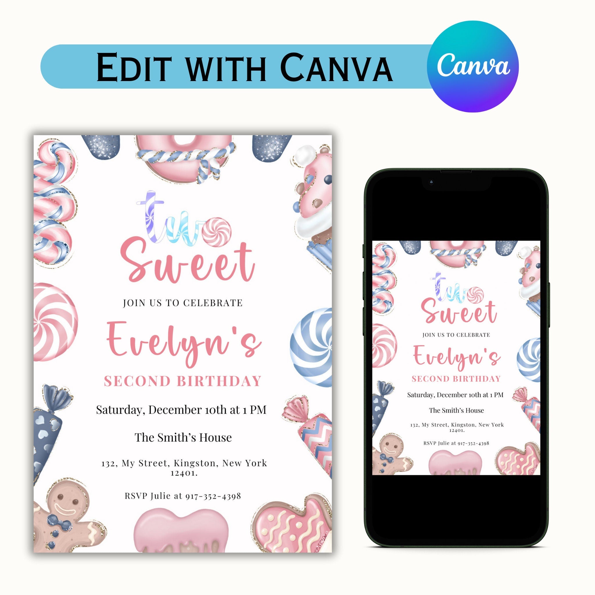 Two Sweet Christmas Birthday Invitation - Editable 2nd Birthday Template