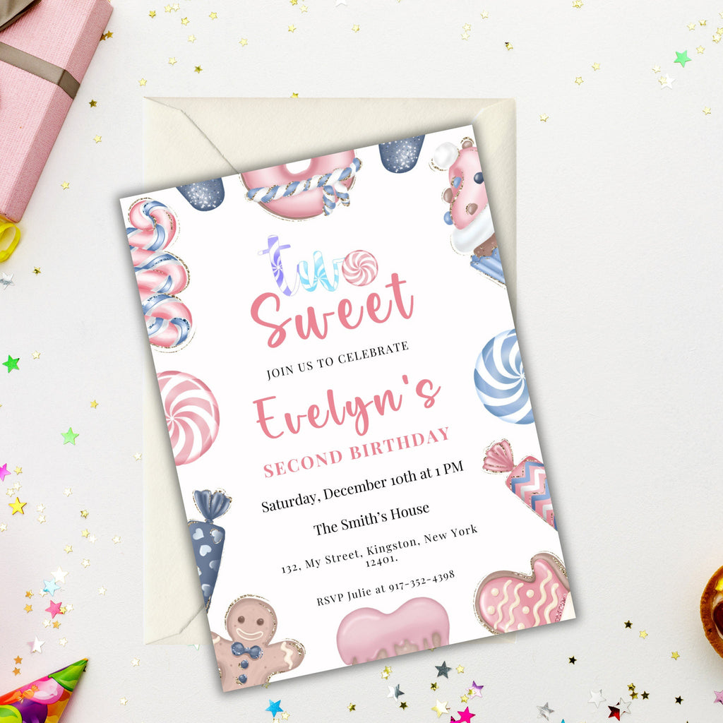 Two Sweet Christmas Birthday Invitation - Editable 2nd Birthday Template