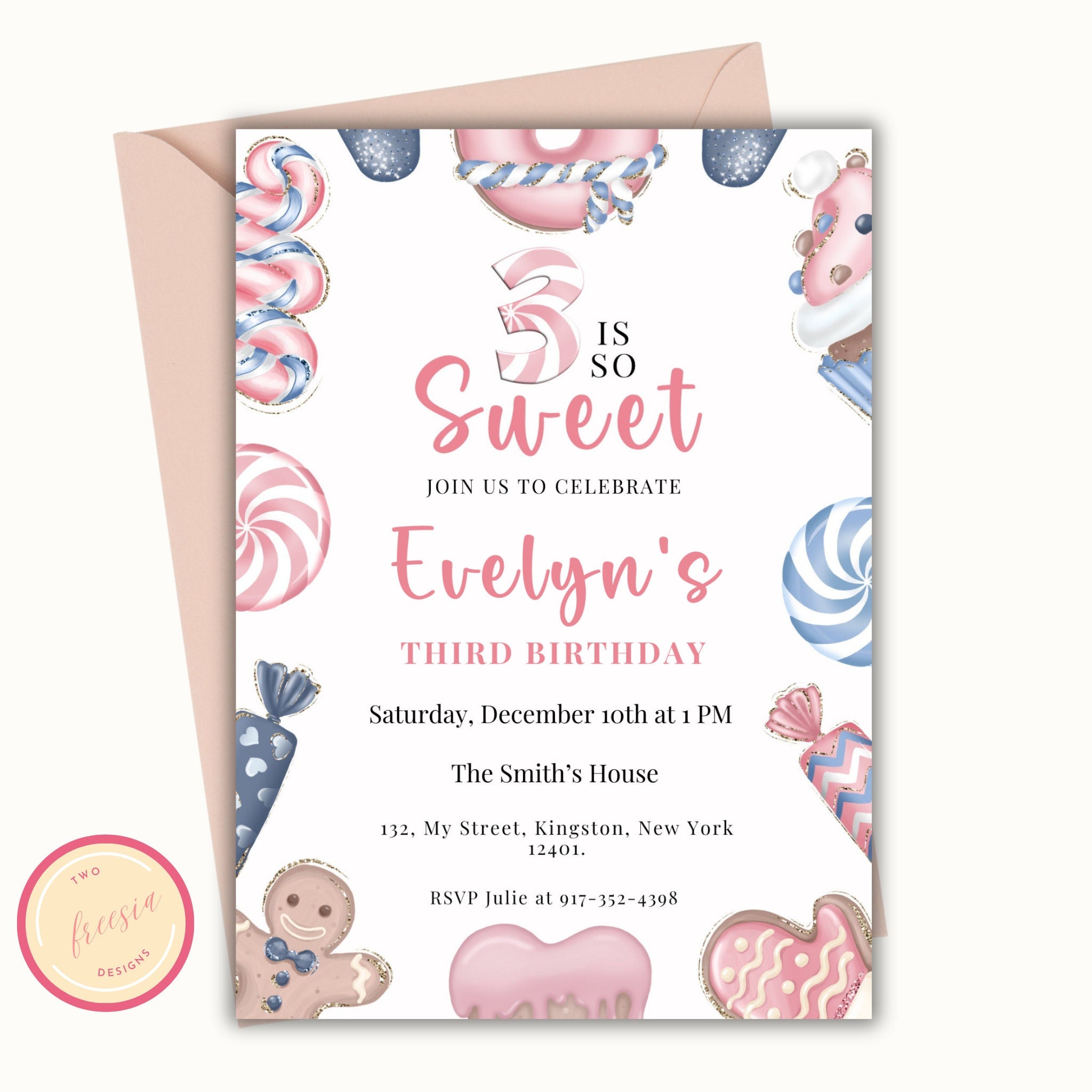 3 is so Sweet Editable Christmas Birthday Invitation