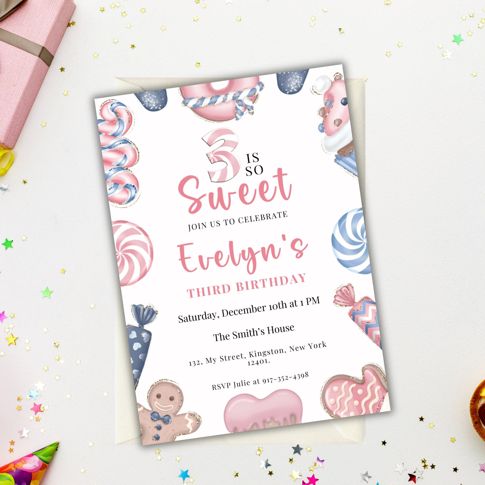 3 is so Sweet Editable Christmas Birthday Invitation