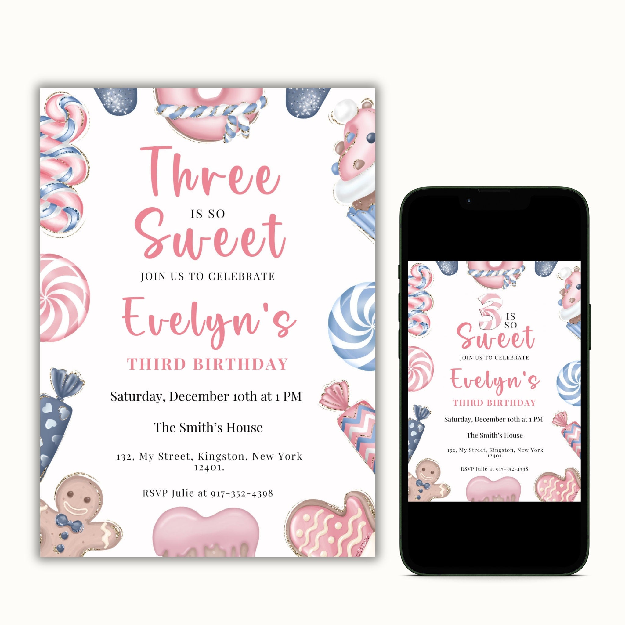 Three is so Sweet Editable Christmas Birthday Invitation