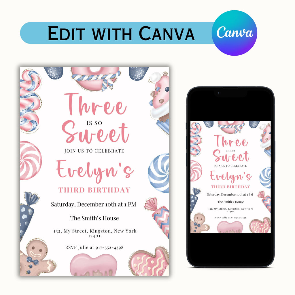 Three is so Sweet Editable Christmas Birthday Invitation