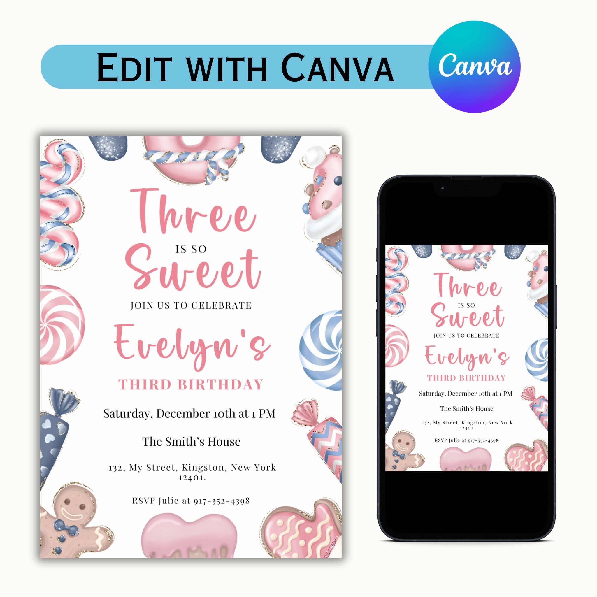 Three is so Sweet Editable Christmas Birthday Invitation