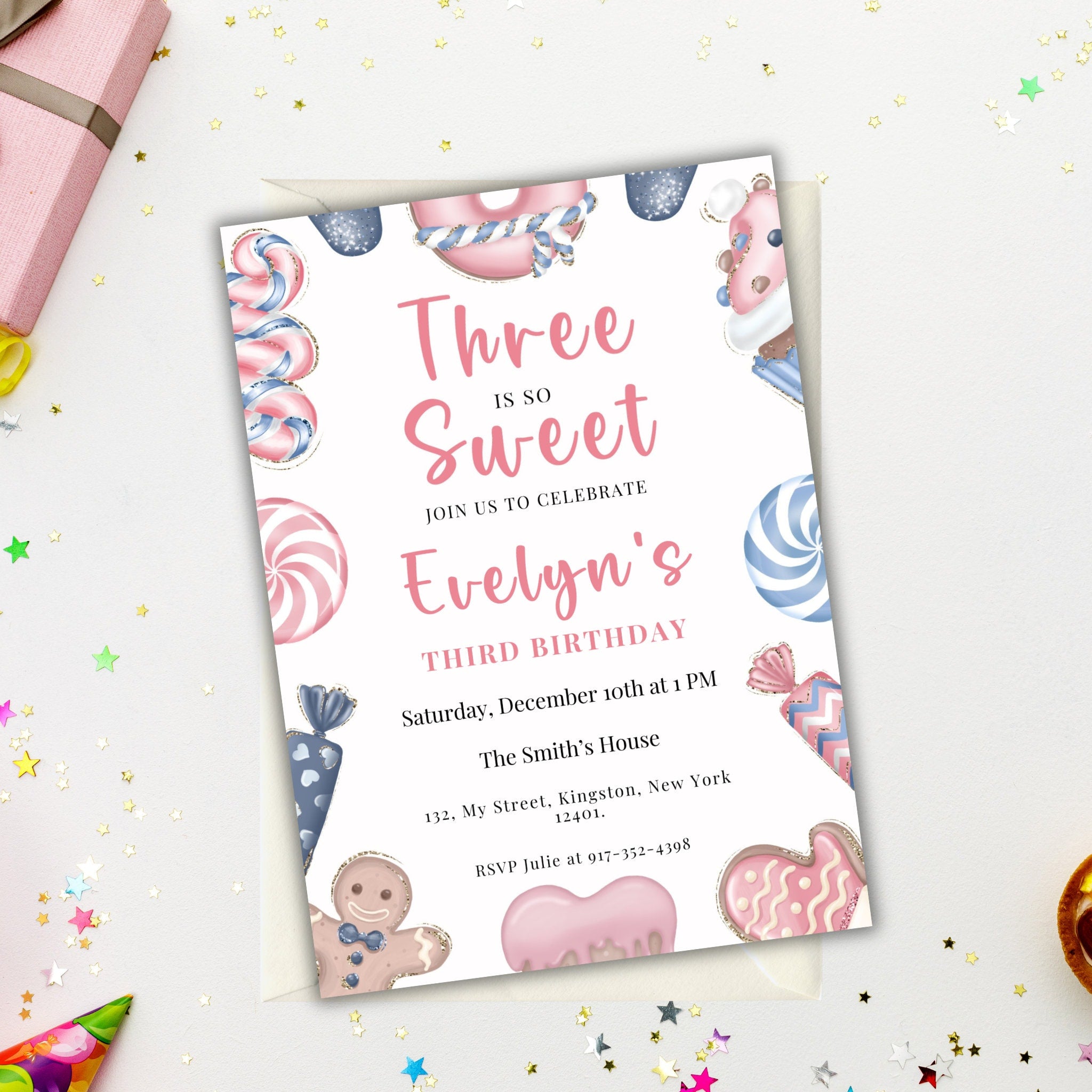 Three is so Sweet Editable Christmas Birthday Invitation