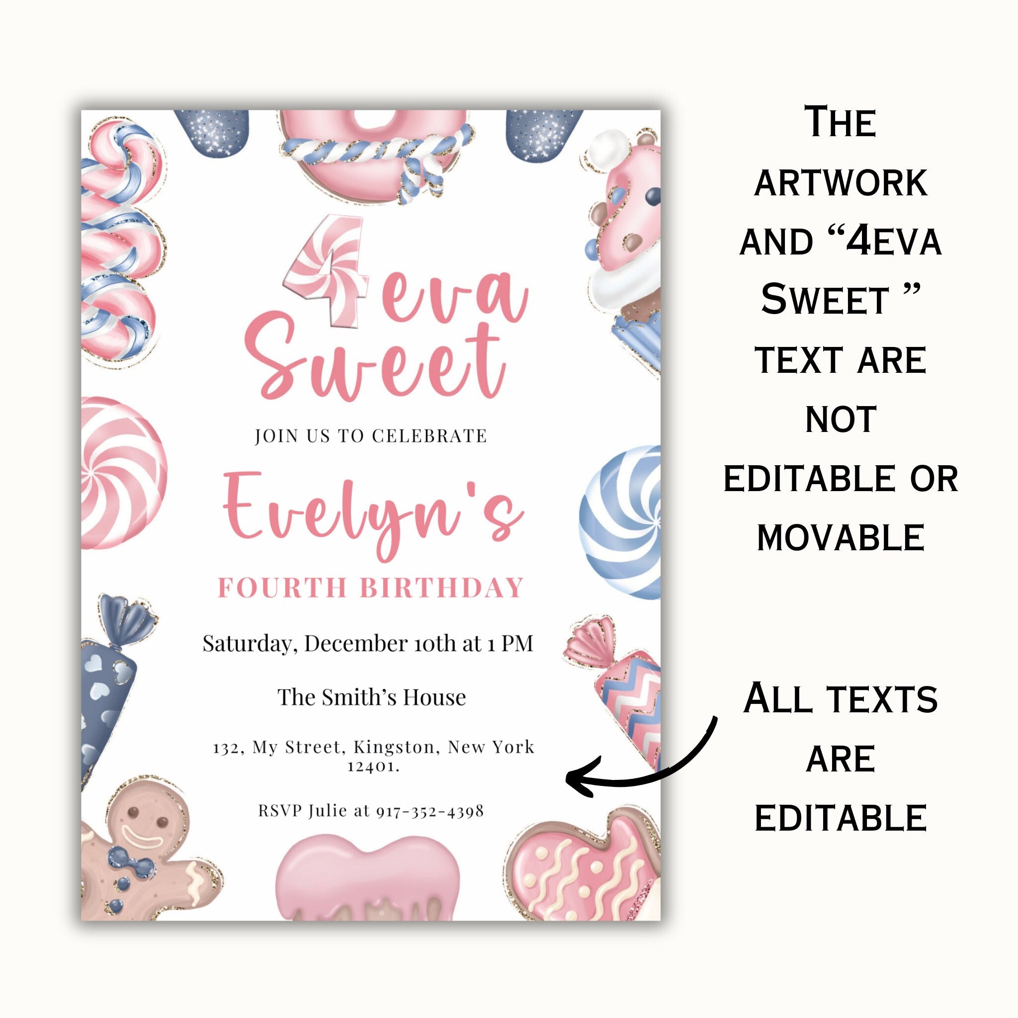 Four Ever Sweet Editable Christmas Birthday Invitation