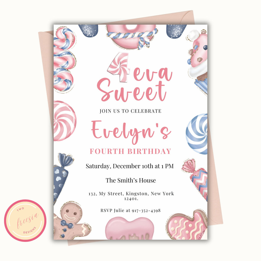Four Ever Sweet Editable Christmas Birthday Invitation